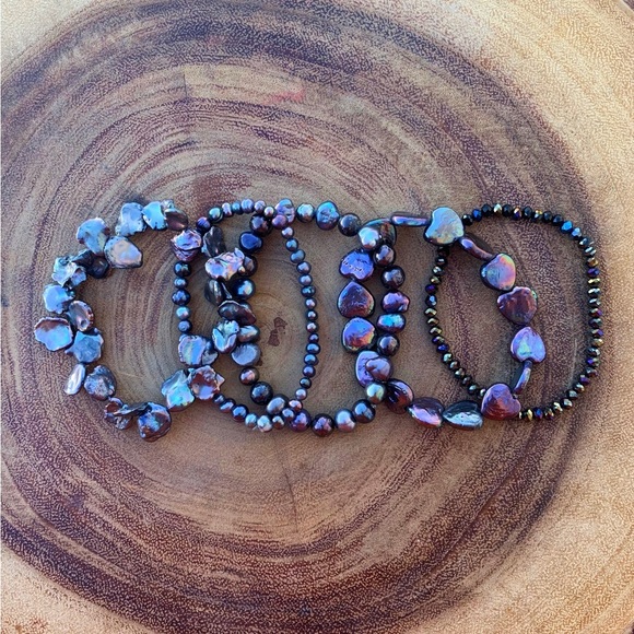 Natural Black Peacock Baroque Freshwater Pearl Cultured Bead Bracelet Stack - Picture 6 of 10